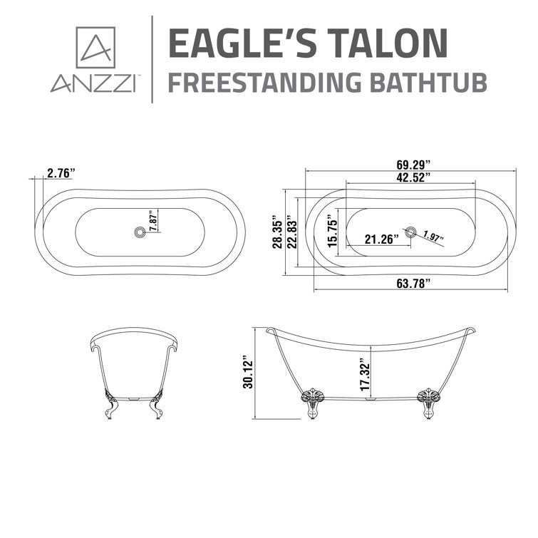 Belissima 69'' White Acrylic Clawfoot Freestanding Bathtub