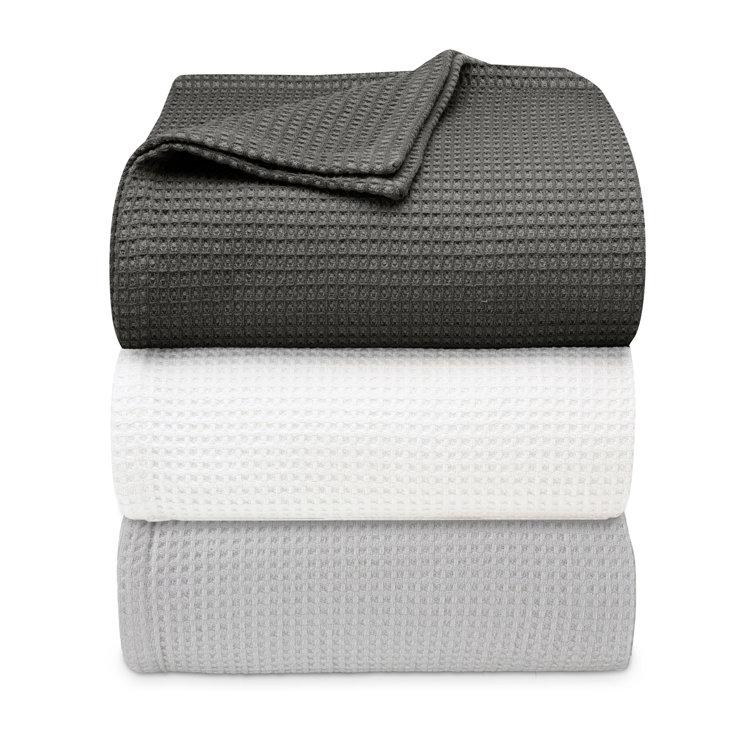 Waffleweave Soft Grey Cotton Twin Blanket with Reversible Knit