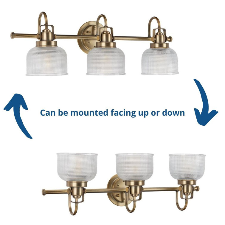 Archie Vintage Brass 3-Light Bathroom Vanity with Prismatic Glass Shades
