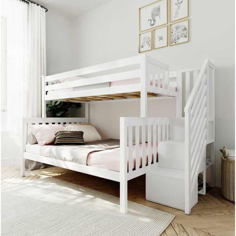 White Twin Over Twin Bunk Bed with Storage Stairs