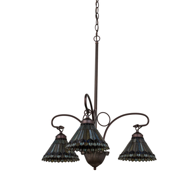Meyda 24" Bronze Tiffany Jeweled Peacock 3-Light Chandelier