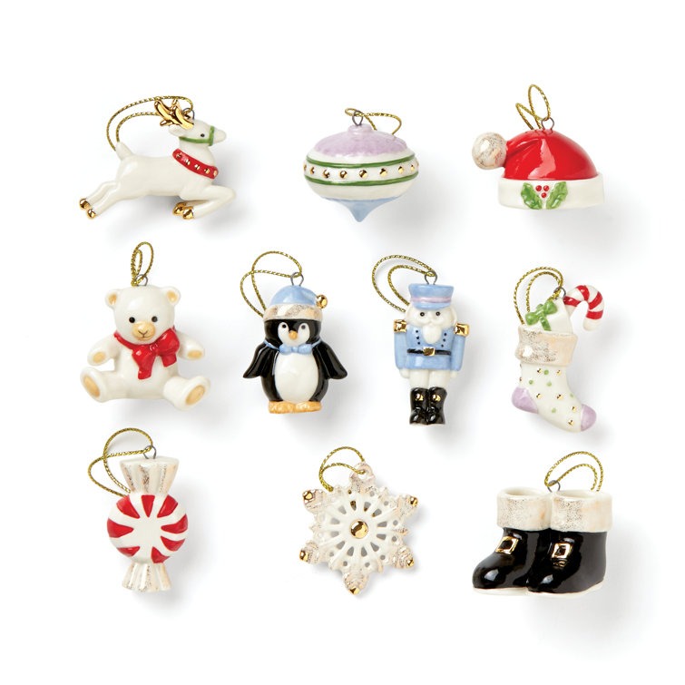 Ivory Porcelain Miniature Christmas Ornament Set with Hand-Painted Details
