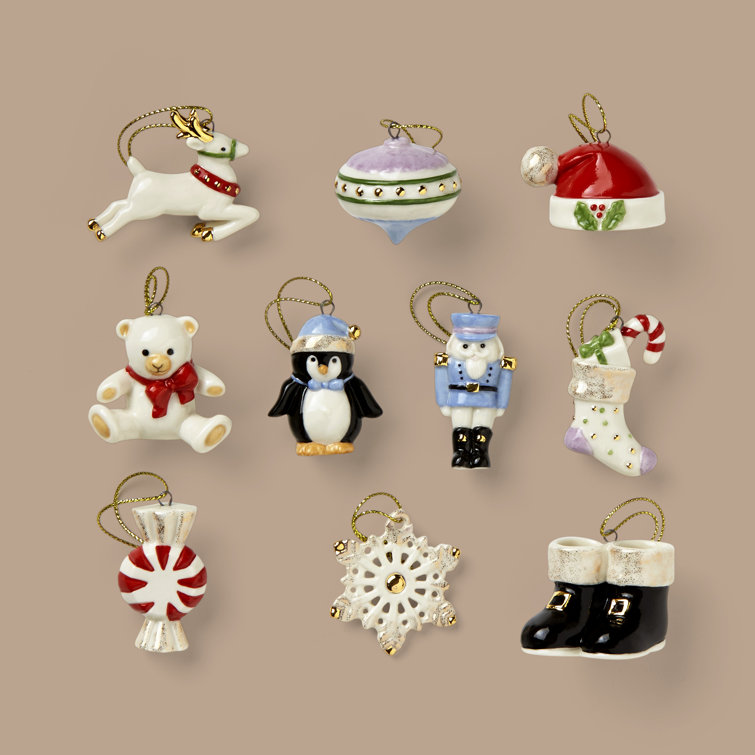 Ivory Porcelain Miniature Christmas Ornament Set with Hand-Painted Details