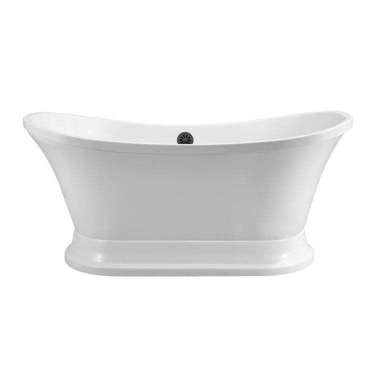 60" Glossy White Freestanding Acrylic Soaking Bathtub with Matte Black Drain
