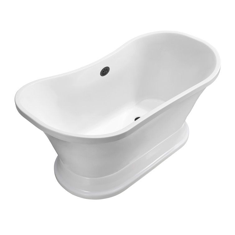 60" Glossy White Freestanding Acrylic Soaking Bathtub with Matte Black Drain