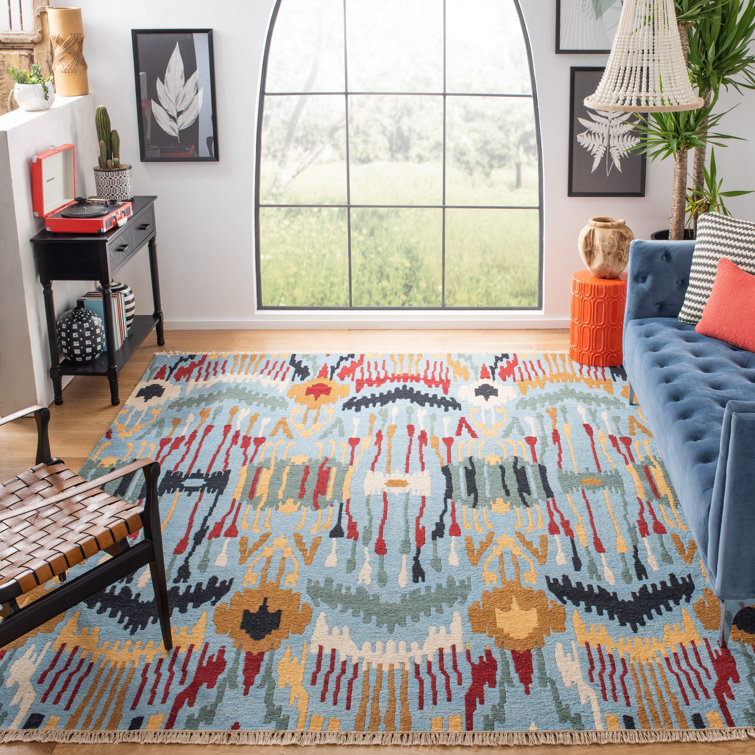 Blue and Multicolor Flat Woven Wool Ikat Area Rug