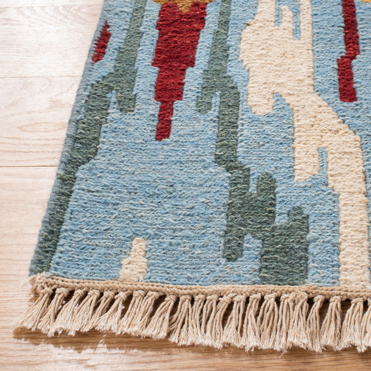Blue and Multicolor Flat Woven Wool Ikat Area Rug