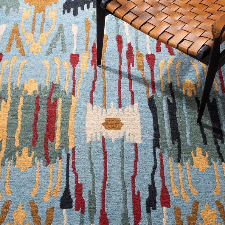 Blue and Multicolor Flat Woven Wool Ikat Area Rug