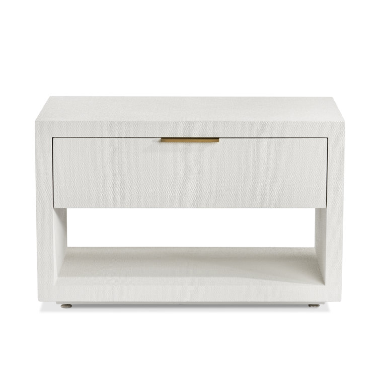 Natural White Faux Linen Bedside Chest with Antique Brass Pull