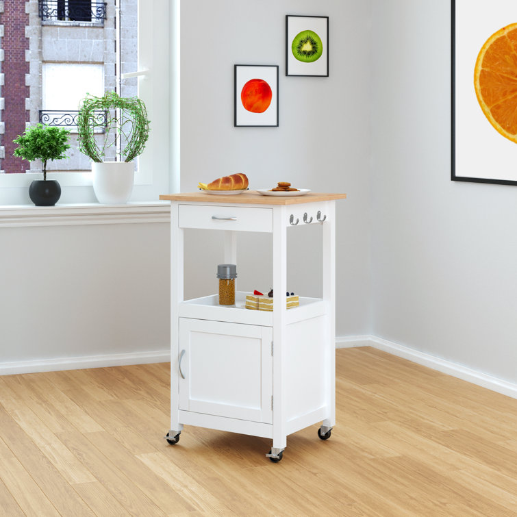 White Wood Kitchen Cart with Storage and Wheels