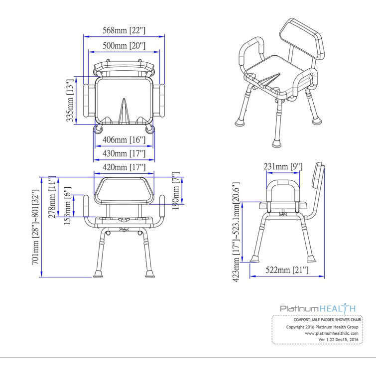ComfortAble Deluxe Padded Shower Chair with Armrests, Solid Blue