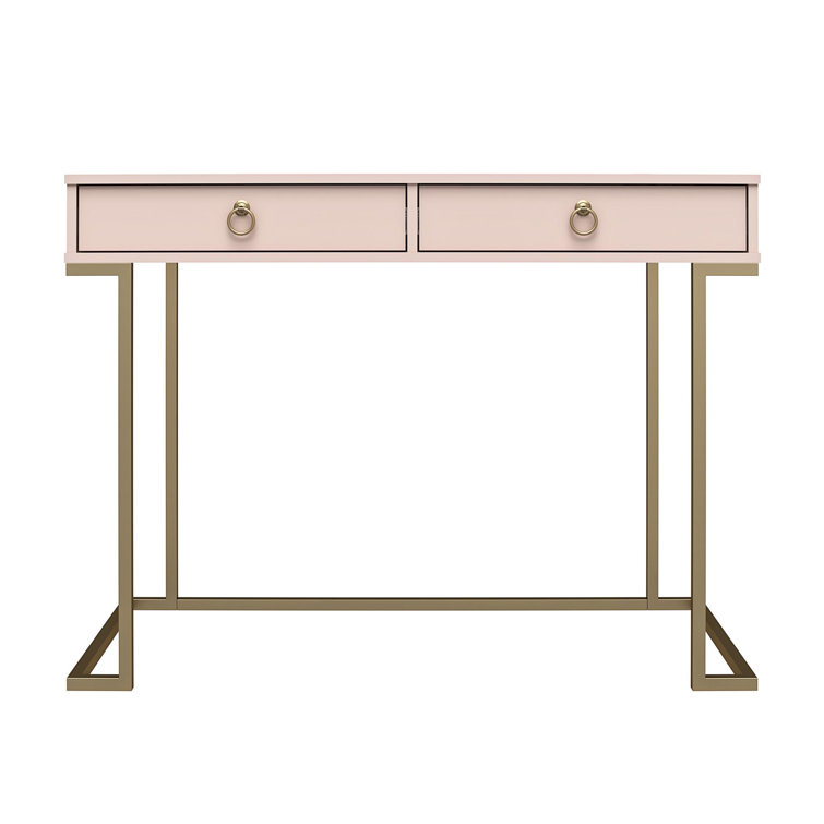 Pink Wood Writing Desk with Gold Metal Legs and Drawer