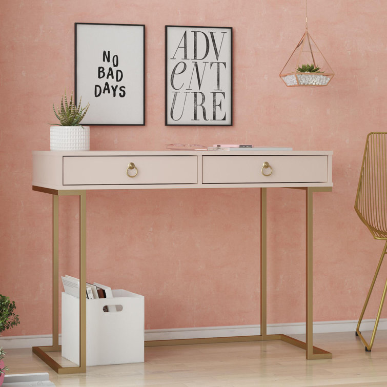 Pink Wood Writing Desk with Gold Metal Legs and Drawer