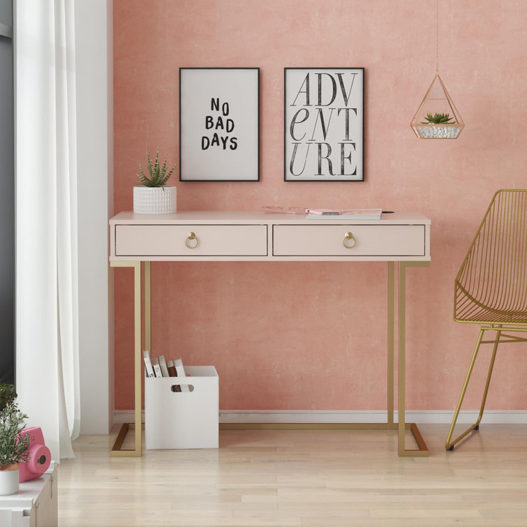 Pink Wood Writing Desk with Gold Metal Legs and Drawer