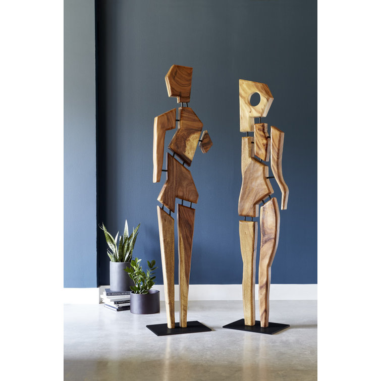 Tall Black and Brown Acacia Wood Sculpture with Iron Base