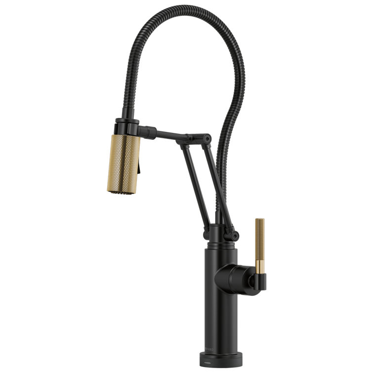 Matte Black and Gold Articulating Kitchen Faucet with Pull-out Spray