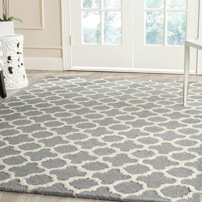 Hand-Tufted Silver and Ivory Wool Geometric Rug, 6' Square