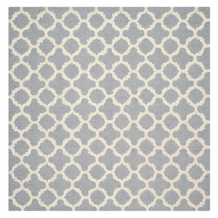 Hand-Tufted Silver and Ivory Wool Geometric Rug, 6' Square