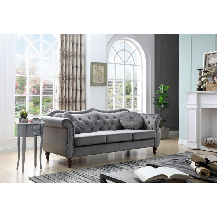 Elegant Dark Gray Velvet Tufted Sofa with Nailhead Accents