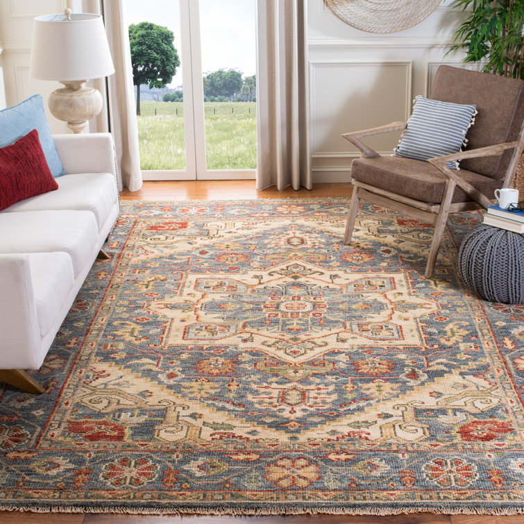Hand-Knotted Blue and Ivory Wool 8' x 10' Oriental Rug