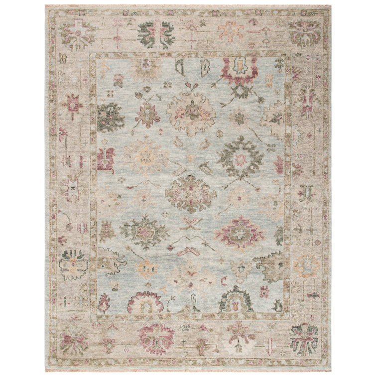 Light Blue and Sage Hand-Knotted Wool 8' x 10' Area Rug