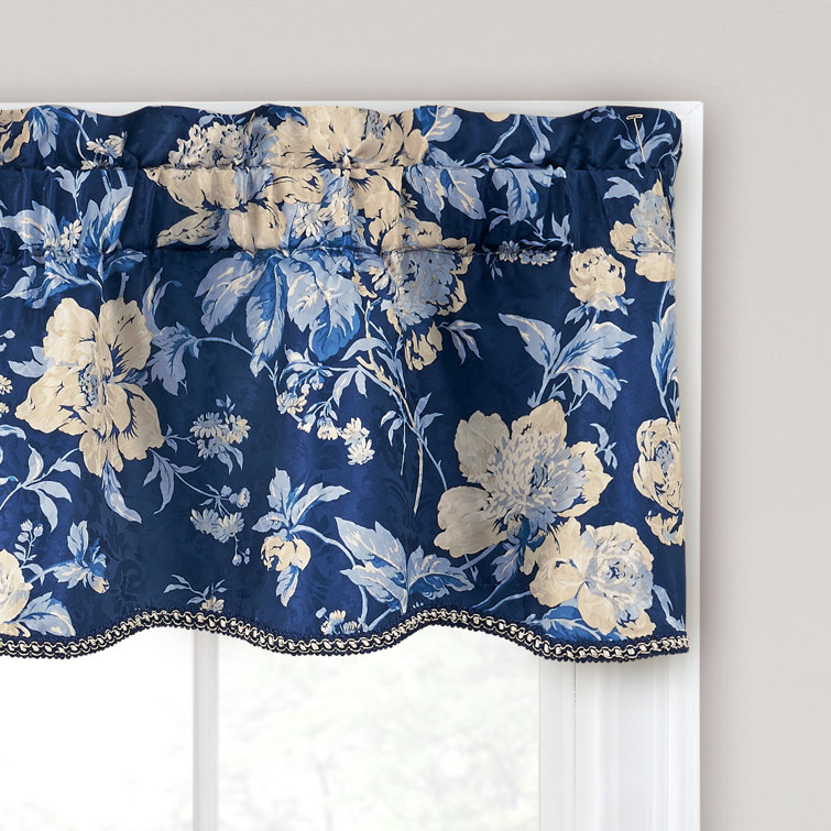Elegant Indigo & Beige Floral Damask Jacquard Window Valance, 52" x 84"