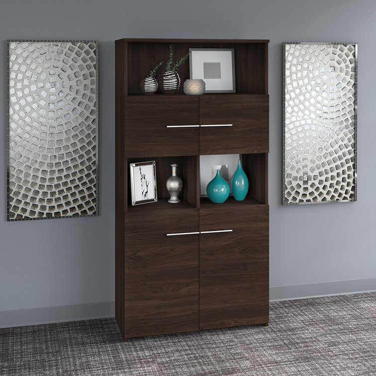 Black Walnut 5-Shelf Bookcase with Hinged Doors