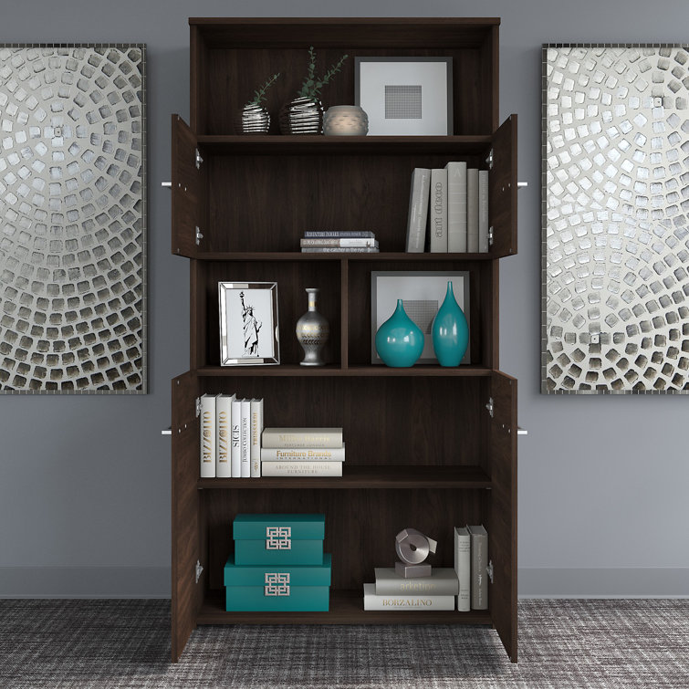 Black Walnut 5-Shelf Bookcase with Hinged Doors