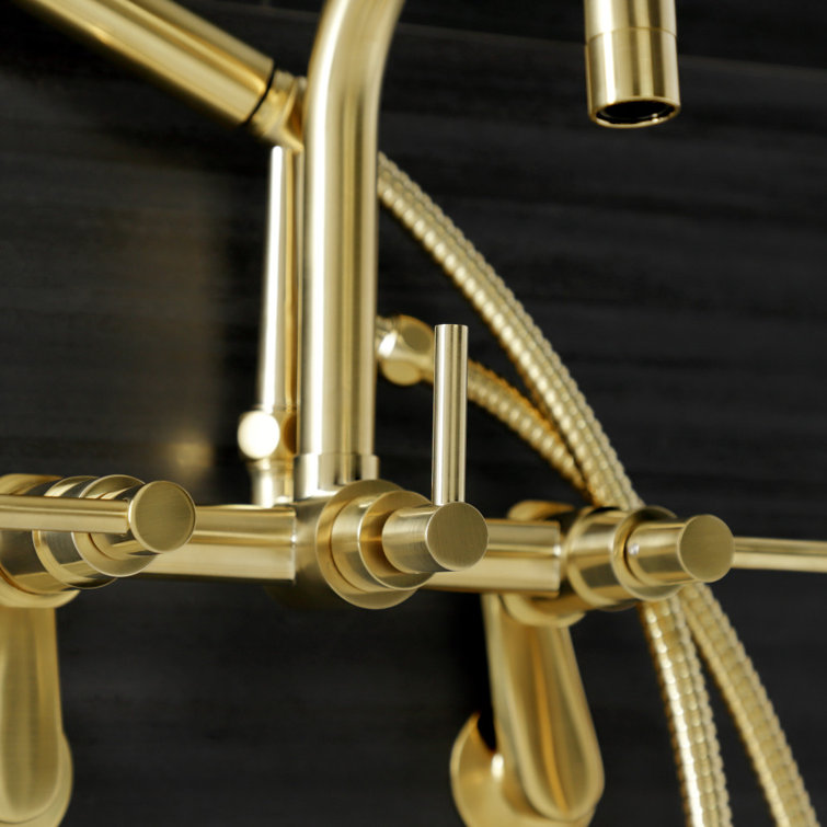 Brushed Brass Wall Mount Clawfoot Tub Faucet with Handheld Shower