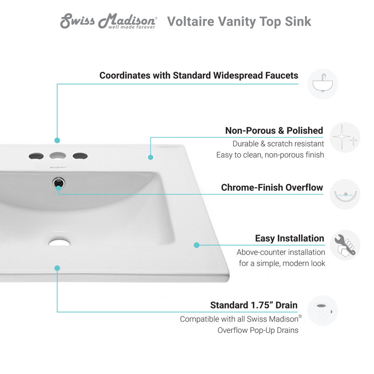 Glossy White Ceramic Vanity Top Sink with Three Faucet Holes