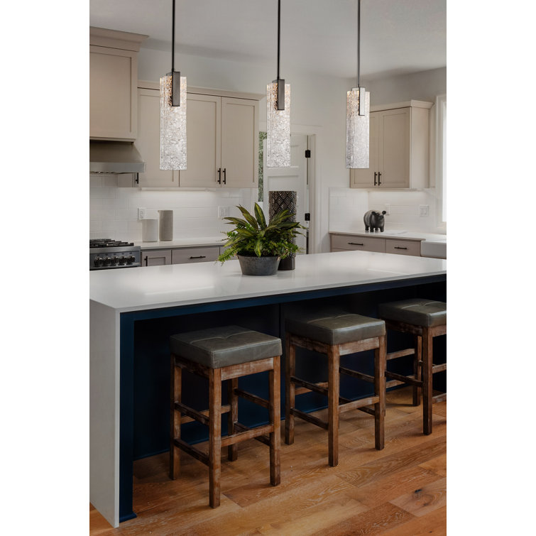 Modern Glacier Matte Black LED Island Pendant with Artisan Glass