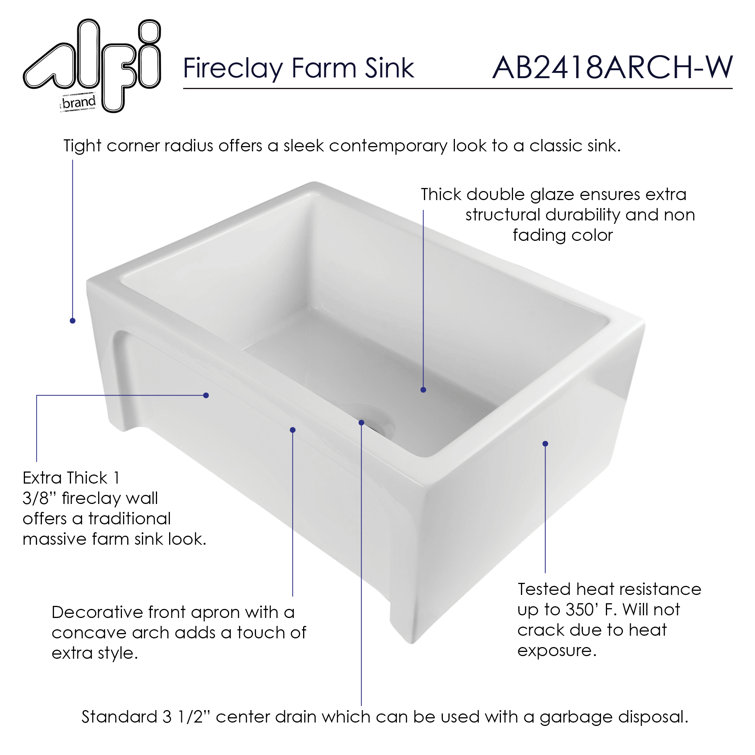 24'' White Fireclay Farmhouse Apron Single Bowl Sink