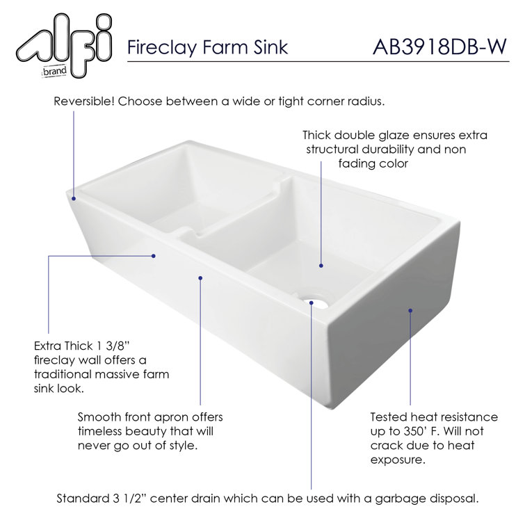 39.5'' White Fireclay Double Bowl Farmhouse Kitchen Sink