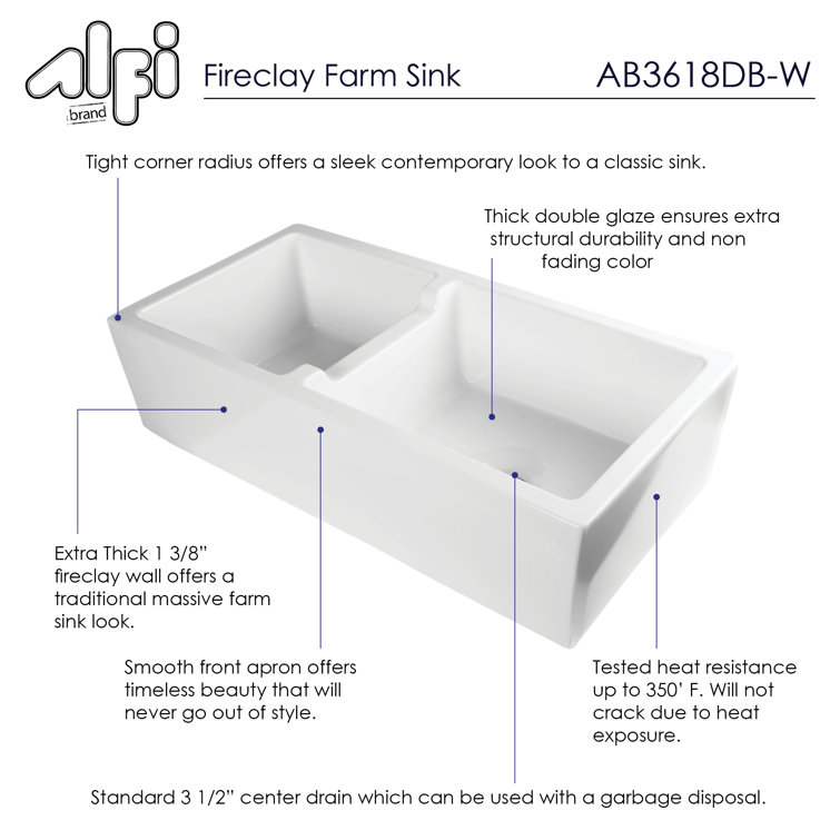 36'' White Fireclay Double Bowl Farmhouse Kitchen Sink