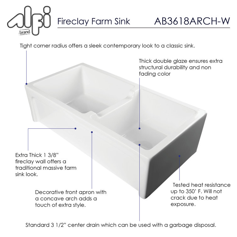 36'' White Fireclay Double Bowl Farmhouse Sink