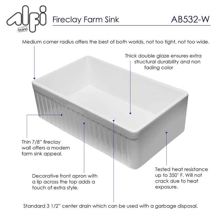33'' White Fireclay Single Bowl Farmhouse Sink