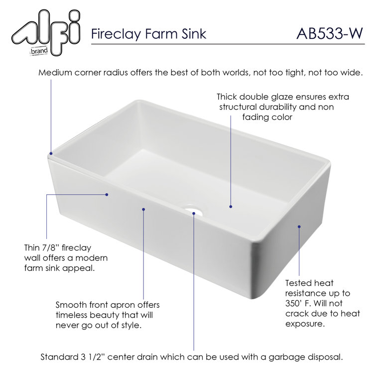 33'' White Fireclay Farmhouse Drop-In Single Bowl Sink