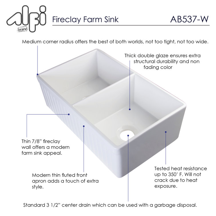White 32.75'' Double Bowl Fluted Fireclay Farmhouse Sink