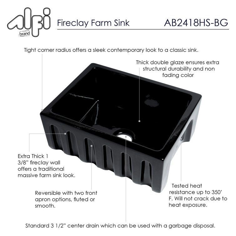 24'' Gloss Black Fireclay Farmhouse Drop-In Sink