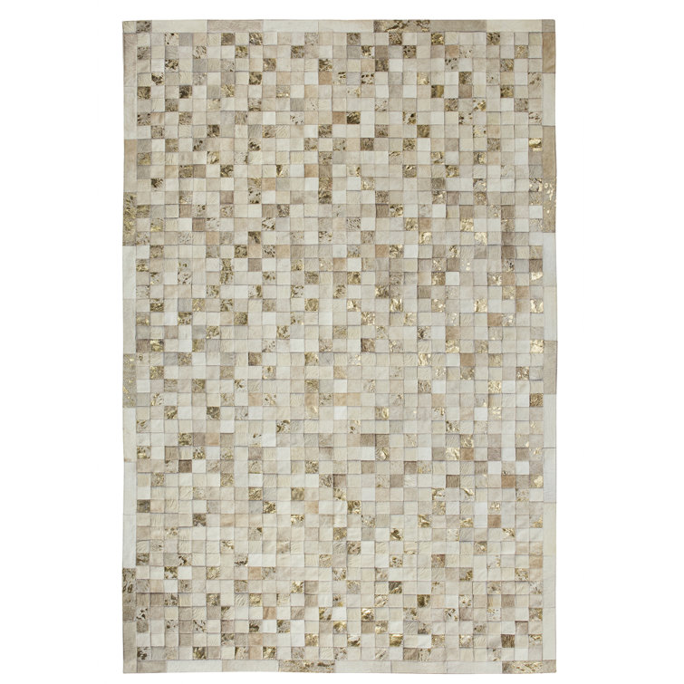 Large Rhodium Cowhide Geometric Patchwork Rug