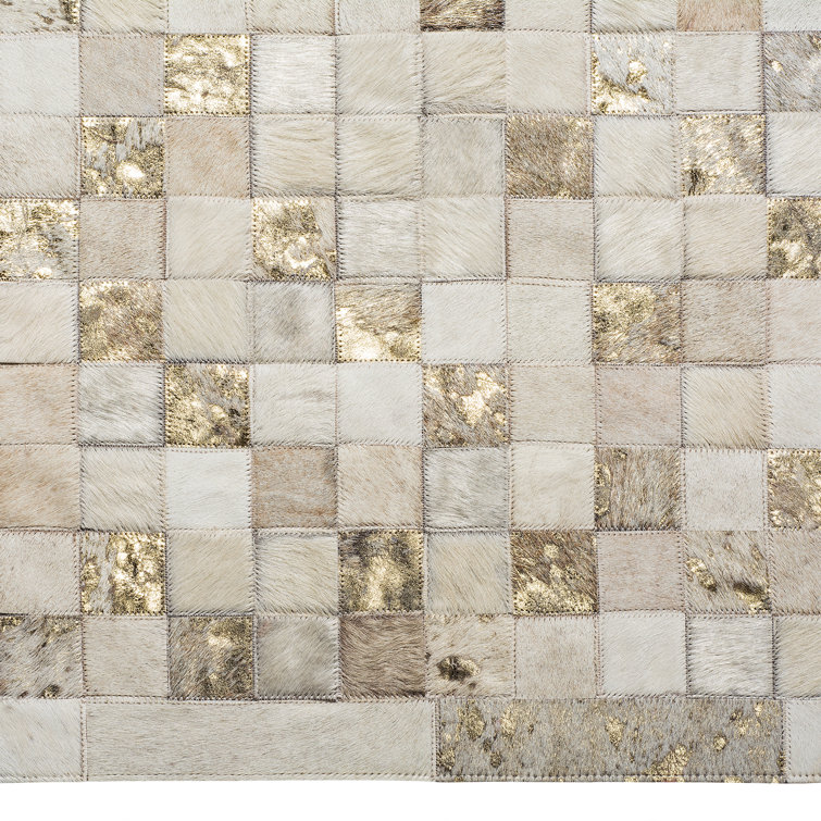 Large Rhodium Cowhide Geometric Patchwork Rug