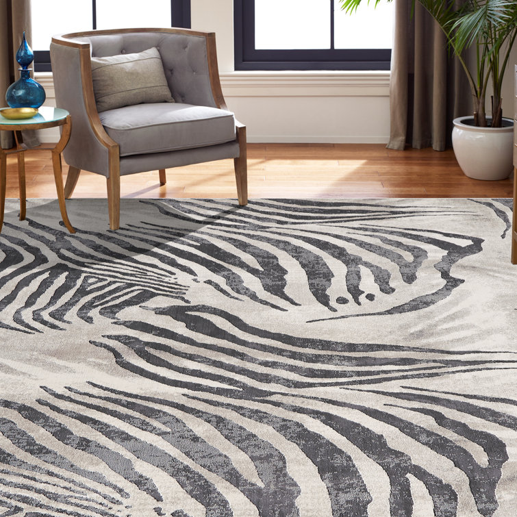 Gray and Charcoal Synthetic Zebra Print Area Rug