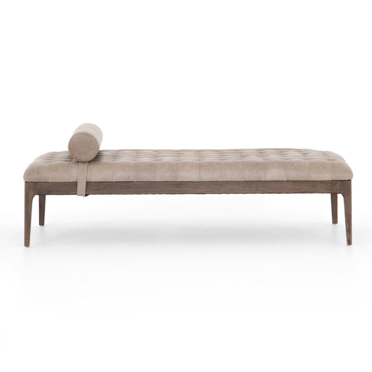 Modern Sonoma Grey 71.5" Tufted Leather Bench with Bolster Pillow