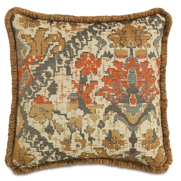 Camel Jacquard Damask Square Pillow with Fringe Trim