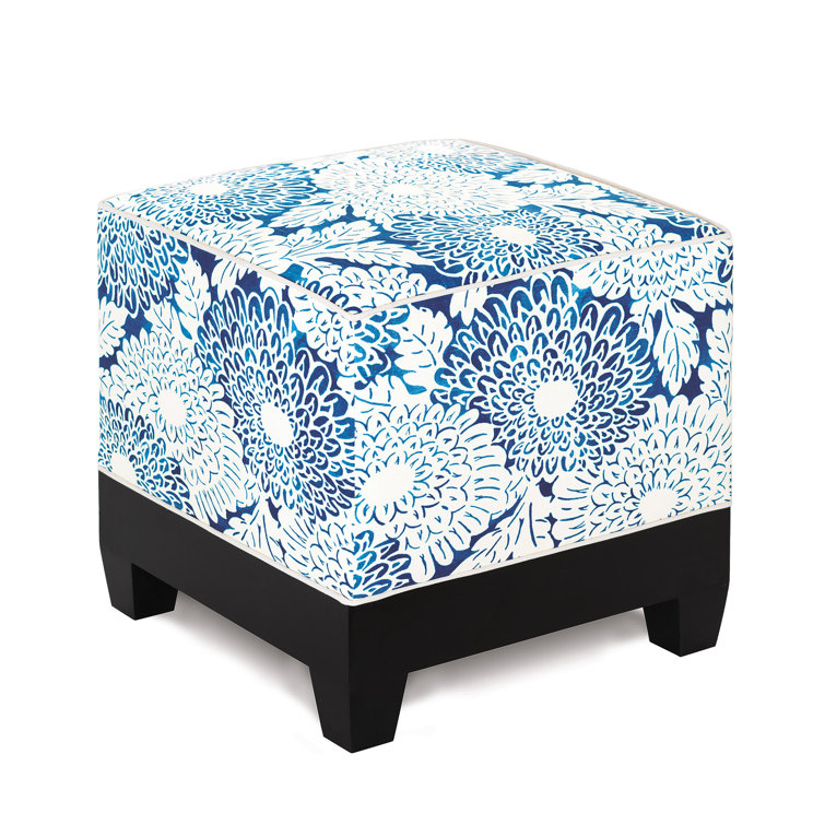 Indigo and Tangerine Cotton Square Ottoman with Espresso Wood Base