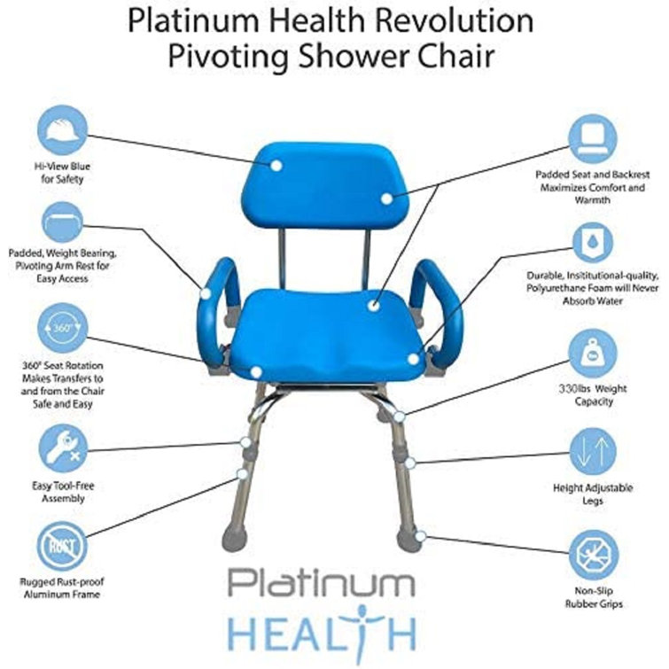 Blue Adjustable Swivel Shower Chair with Padded Back and Arms