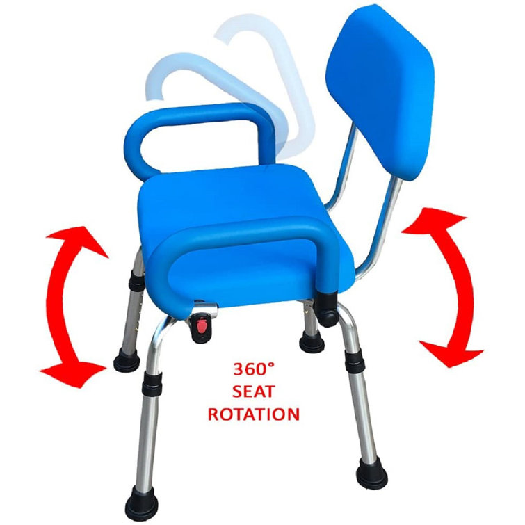 Blue Adjustable Swivel Shower Chair with Padded Back and Arms