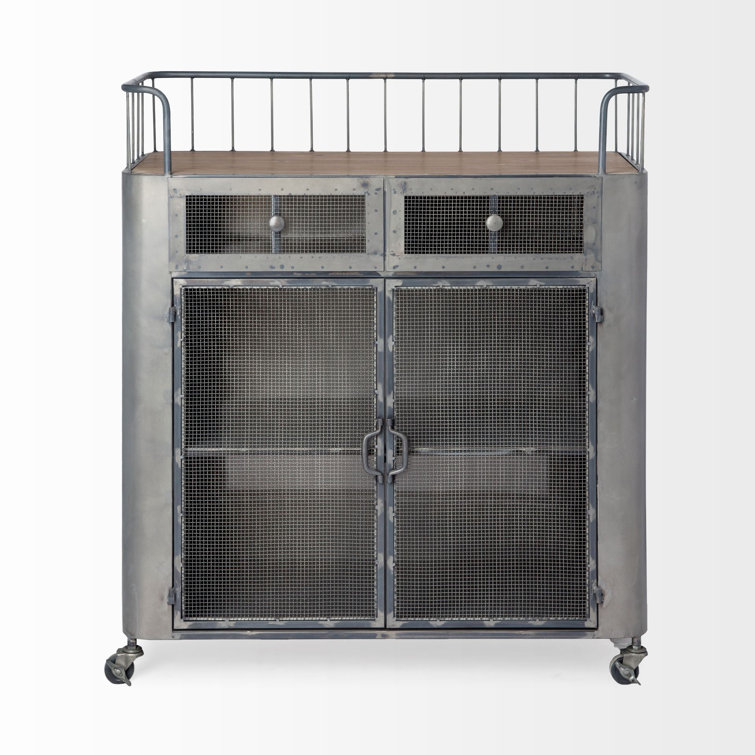 Industrial Gunmetal Gray Rolling Bar Cart with Wood Top