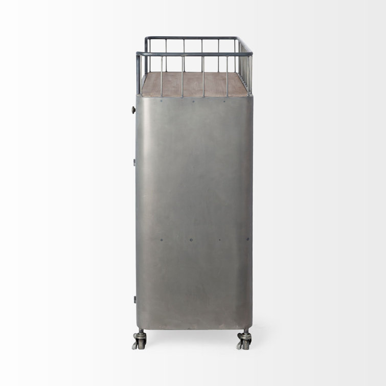 Industrial Gunmetal Gray Rolling Bar Cart with Wood Top