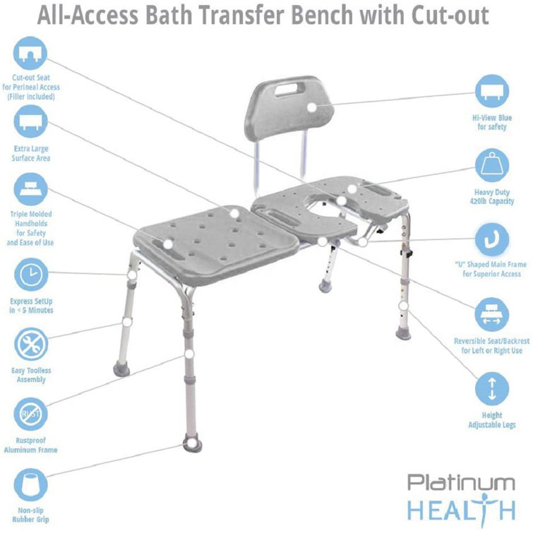 Adjustable Gray Plastic Bath Transfer Bench with Cutout